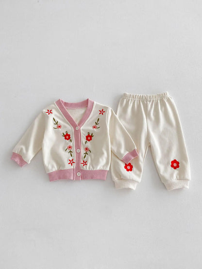 -ベビーセットアップ 2点セット カーディガン+スウェットパンツ フラワー花柄刺繍 2カラー - mamahalo shop - 長袖セットアップ -  べビー服 - 子供服 - 男の子 - 女の子