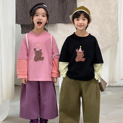 キッズトップス ボーダー袖ドッキングベアくまプリント長袖Tシャツ 2カラー - mamahalo shop - 長袖Tシャツ -  べビー服 - 子供服 - 男の子 - 女の子