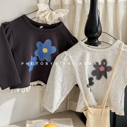 キッズトップス レトロフラワープリント裾フリル長袖パフスリーブスウェットシャツ - mamahalo shop - 長袖Tシャツ -  べビー服 - 子供服 - 男の子 - 女の子