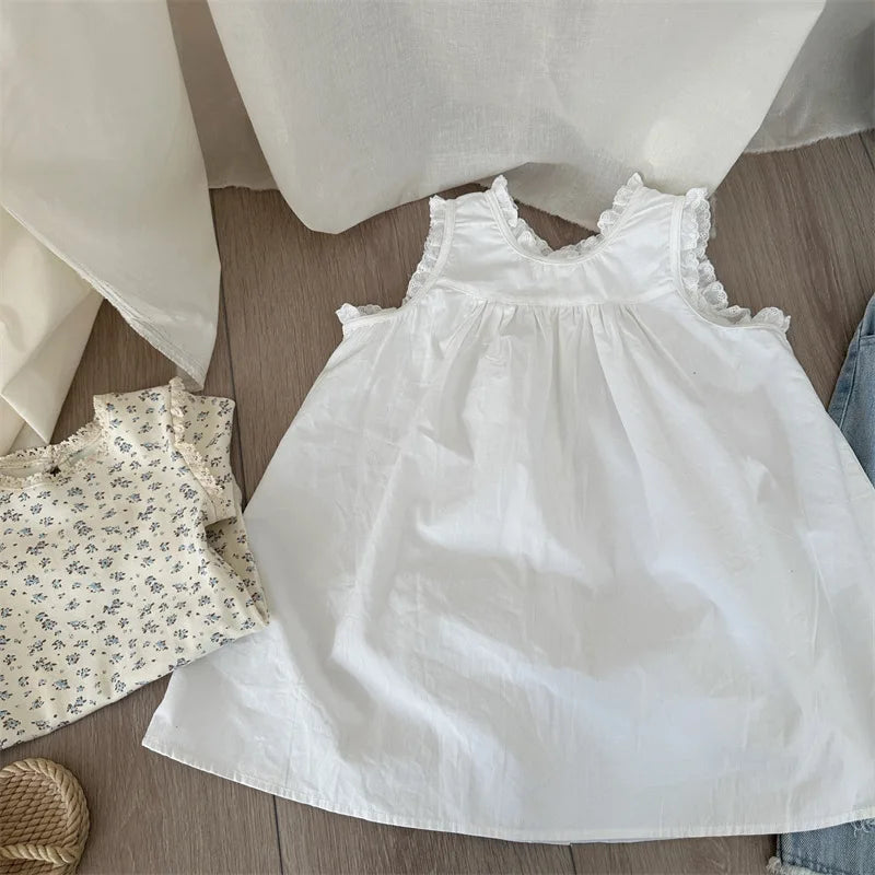 -キッズワンピース ノースリーブ レース縁取り シンプルワンピ ホワイト - mamahalo shop - ノースリーブワンピース -  べビー服 - 子供服 - 男の子 - 女の子