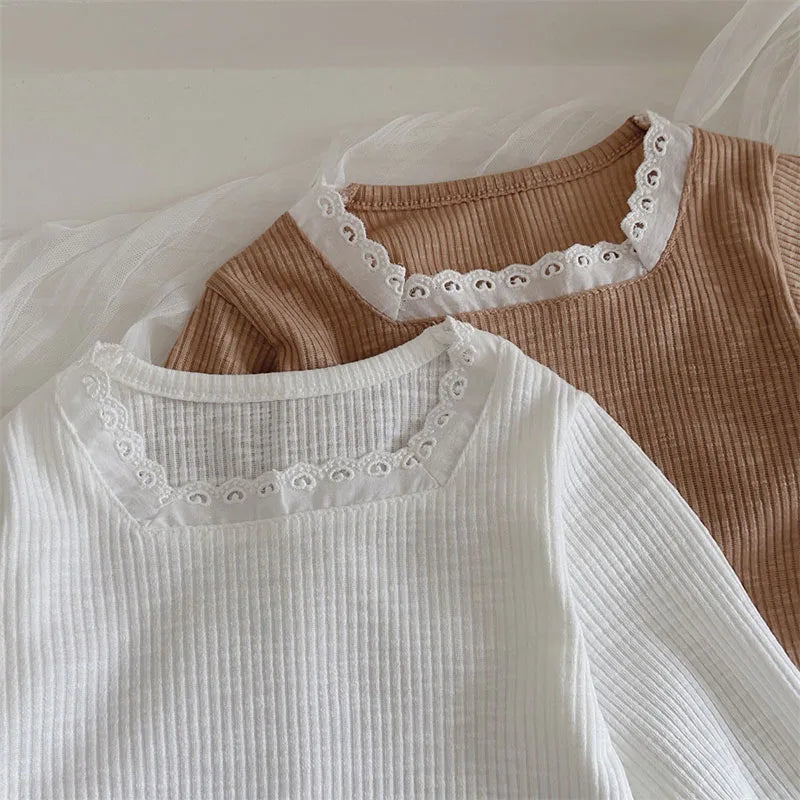 -ベビートップス レーススクエアネック長袖Tシャツカットソー 2カラー【mh0006948】 - mamahalo shop - 長袖Tシャツ -  べビー服 - 子供服 - 男の子 - 女の子