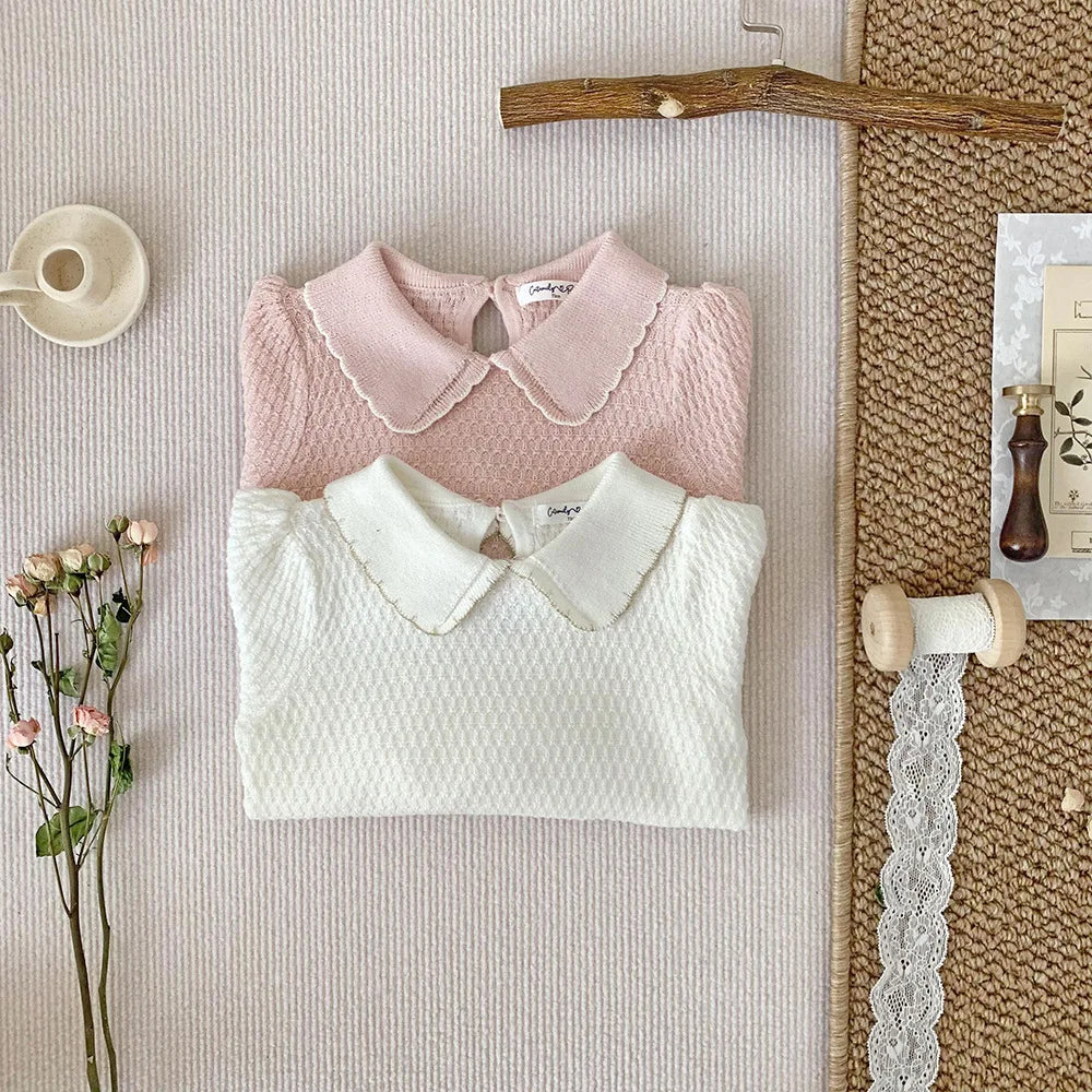 -ベビーキッズトップス 長袖襟付きセーター ニットブラウス ピンク/ベージュ/2カラー【mh0004552】 - mamahalo shop - 長袖シャツ・ブラウス -  べビー服 - 子供服 - 男の子 - 女の子