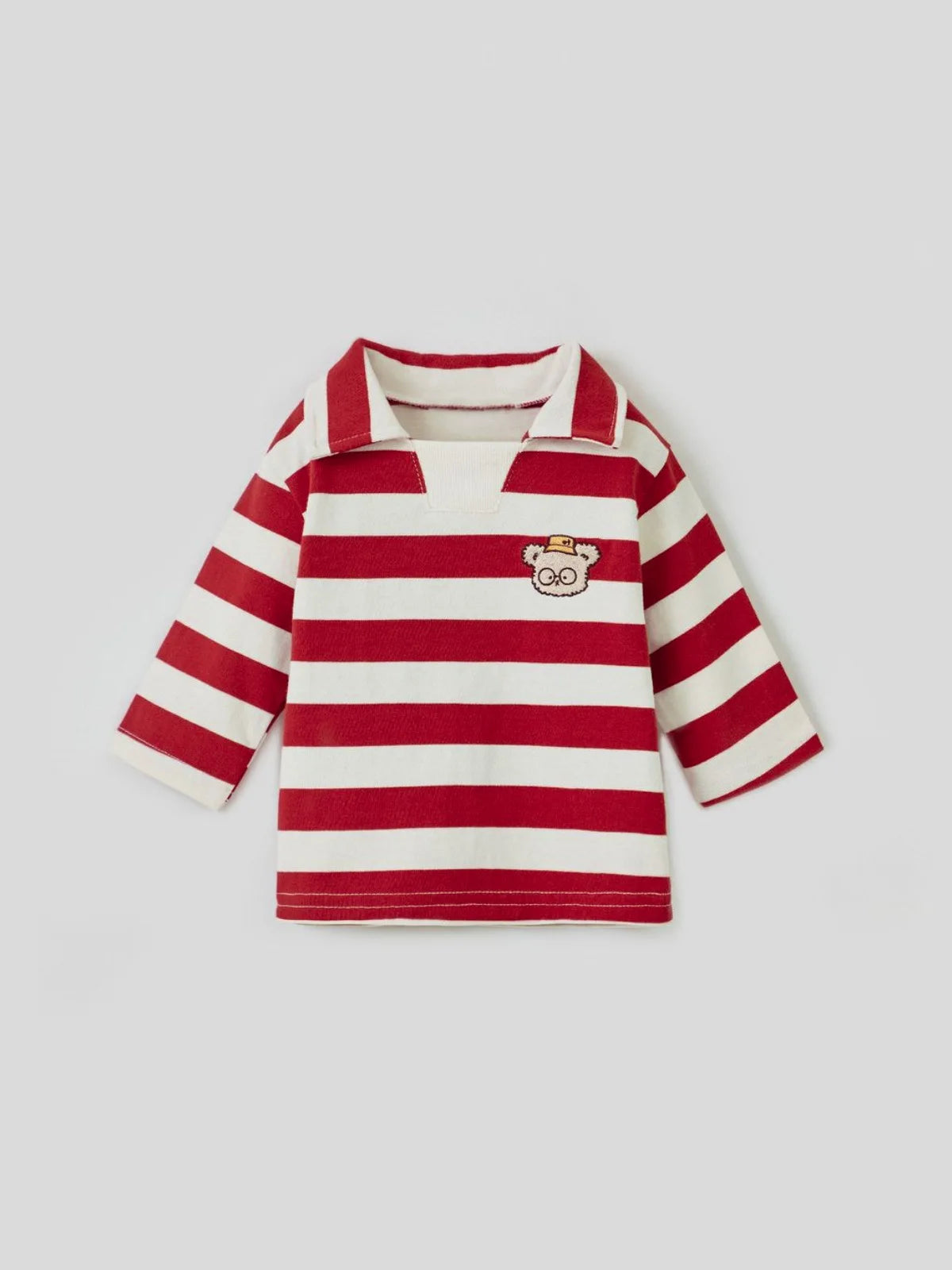 -ベビートップス ベアくまワッペンボーダー長袖ラガーシャツ 2カラー【mh0007070】 - mamahalo shop - 長袖Tシャツ -  べビー服 - 子供服 - 男の子 - 女の子