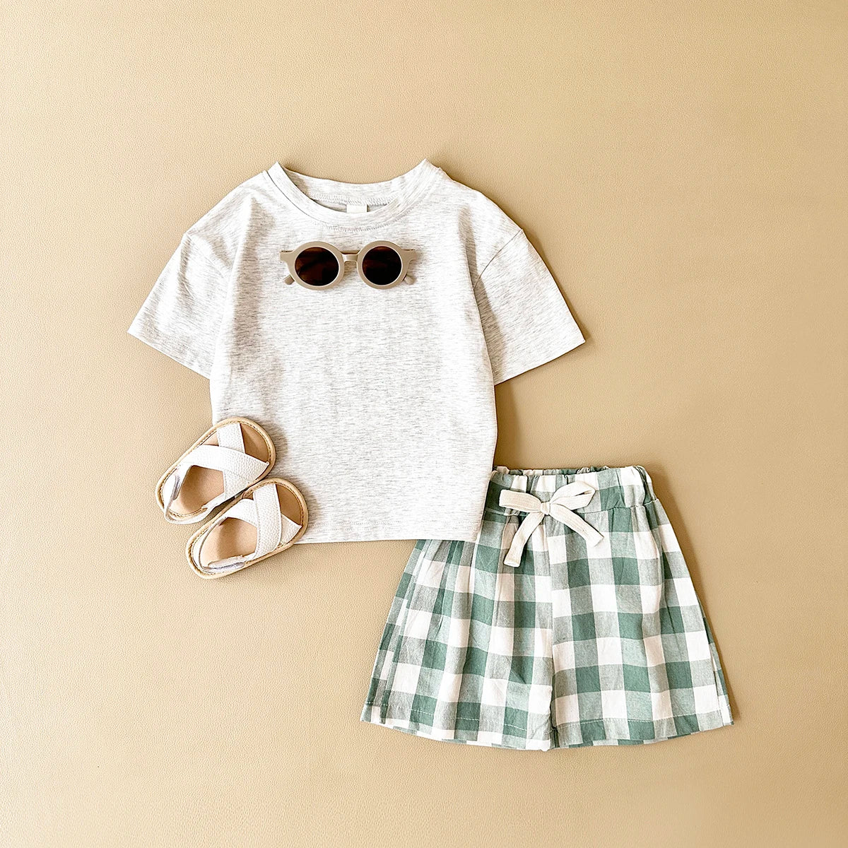 -ベビーセットアップ 2点セット 半袖プリントTシャツ+チェックショートパンツ ダイナソー恐竜プリント【mh0005634】 - mamahalo shop - 半袖セットアップ -  べビー服 - 子供服 - 男の子 - 女の子