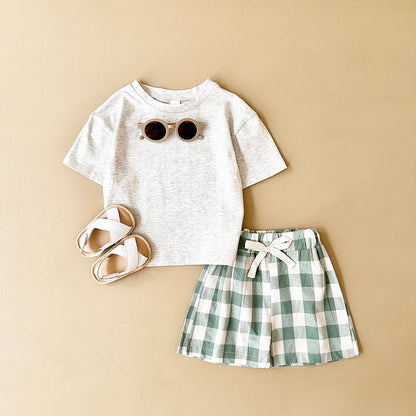 -ベビーセットアップ 2点セット 半袖プリントTシャツ+チェックショートパンツ ダイナソー恐竜プリント【mh0005634】 - mamahalo shop - 半袖セットアップ -  べビー服 - 子供服 - 男の子 - 女の子