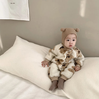 -ベビーアウタージャンプスーツ クマベアプリント ボアフリース長袖ロンパース 2カラー ユニセックス 男の子 女の子 子供服【mh0003332】 - mamahalo shop - アウタージャンプスーツ -  べビー服 - 子供服 - 男の子 - 女の子