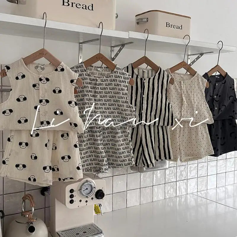 -キッズセットアップ 2点セット コットンリネン プリントノースリーブトップス+ショートパンツ 5柄 - mamahalo shop - ノースリーブセットアップ -  べビー服 - 子供服 - 男の子 - 女の子