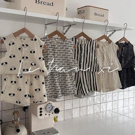 -キッズセットアップ 2点セット コットンリネン プリントノースリーブトップス+ショートパンツ 5柄 - mamahalo shop - ノースリーブセットアップ -  べビー服 - 子供服 - 男の子 - 女の子