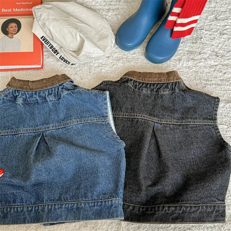 -キッズベスト デニムベスト 襟付き前あき ノースリーブジャケット 2カラー - mamahalo shop - ベスト -  べビー服 - 子供服 - 男の子 - 女の子
