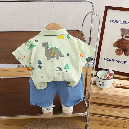 -キッズセットアップ 2点セット 半袖シャツ+デニムショートパンツ 恐竜ダイナソープリント 2カラー【mh0006520】 - mamahalo shop - 半袖セットアップ -  べビー服 - 子供服 - 男の子 - 女の子