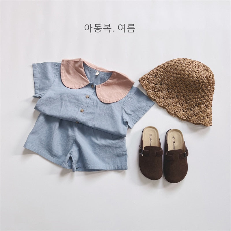 -キッズ セットアップ 丸襟 半袖 シャツ ブラウス ショートパンツ ベージュ ブルー グレー ユニセックス - mamahalo shop - 半袖セットアップ -  べビー服 - 子供服 - 男の子 - 女の子