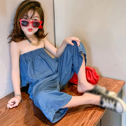 -キッズセットアップ 2点セット デニム オフショルダートップス+ルーズクロップドパンツ【mh0005758】 - mamahalo shop - ノースリーブセットアップ -  べビー服 - 子供服 - 男の子 - 女の子