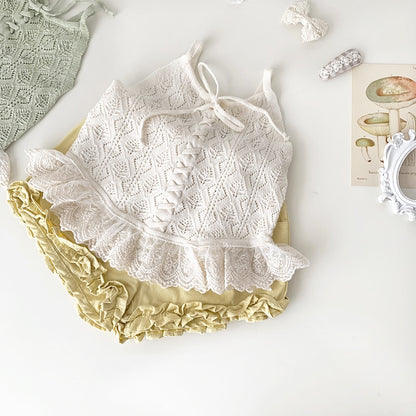 -ベビー キッズ サマーニット 編み上げ レース キャミソール ペプラム トップス ブラウス ピンク クリームアイボリー グリーン ガールズ - mamahalo shop - タンクトップ・キャミソール・ノースリーブトップス -  べビー服 - 子供服 - 男の子 - 女の子