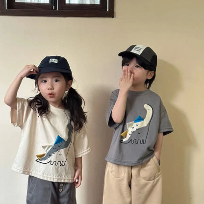 -キッズトップス 半袖Tシャツ ダイナソー恐竜アップリケ 2カラー【mh0005856】 - mamahalo shop - 半袖Tシャツ -  べビー服 - 子供服 - 男の子 - 女の子