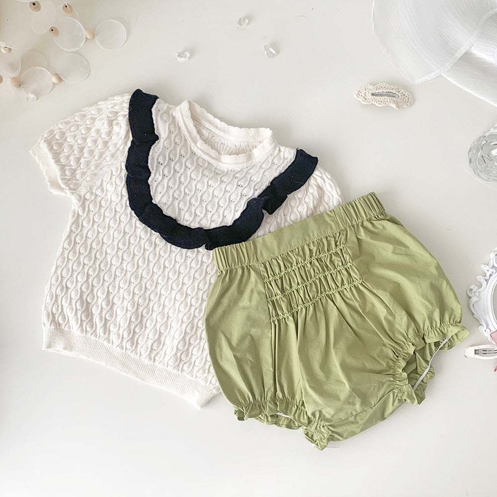 -キッズ ニット バックオープン 半袖 Tシャツ ブラウス カットソー ホワイト ピンク ガールズ - mamahalo shop - ニット・セーター -  べビー服 - 子供服 - 男の子 - 女の子