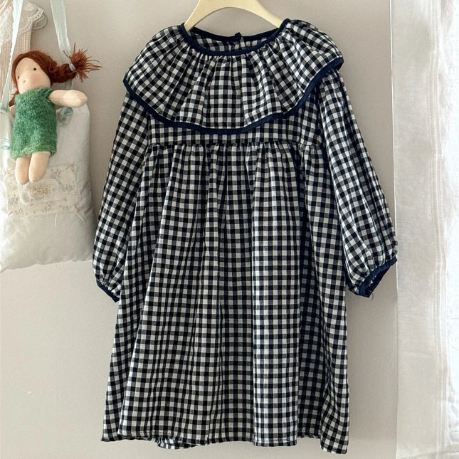 キッズワンピース チェックラッフル襟長袖ワンピース - mamahalo shop - 長袖ワンピース -  べビー服 - 子供服 - 男の子 - 女の子