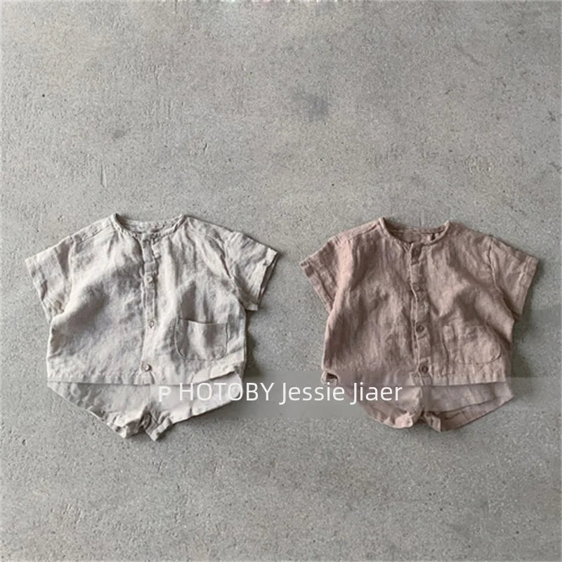 -キッズセットアップ 2点セット 半袖シャツ+ショートパンツ シンプルベーシック 2カラー【mh0006035】 - mamahalo shop - 半袖セットアップ -  べビー服 - 子供服 - 男の子 - 女の子