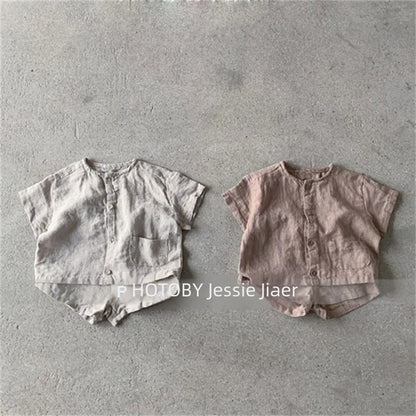 -キッズセットアップ 2点セット 半袖シャツ+ショートパンツ シンプルベーシック 2カラー【mh0006035】 - mamahalo shop - 半袖セットアップ -  べビー服 - 子供服 - 男の子 - 女の子