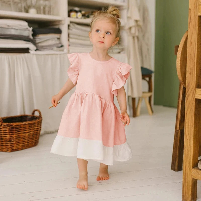 -キッズワンピース バタフライスリーブ プリンセスドレスワンピース コットンリネン ピンク【mh0006284】 - mamahalo shop - 半袖ワンピース -  べビー服 - 子供服 - 男の子 - 女の子