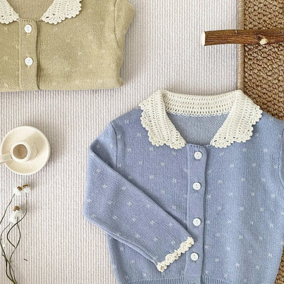 -ベビーキッズカーディガン ニット レース襟トップス ブルー/イエロー/2カラー - mamahalo shop - カーディガン・パーカー -  べビー服 - 子供服 - 男の子 - 女の子