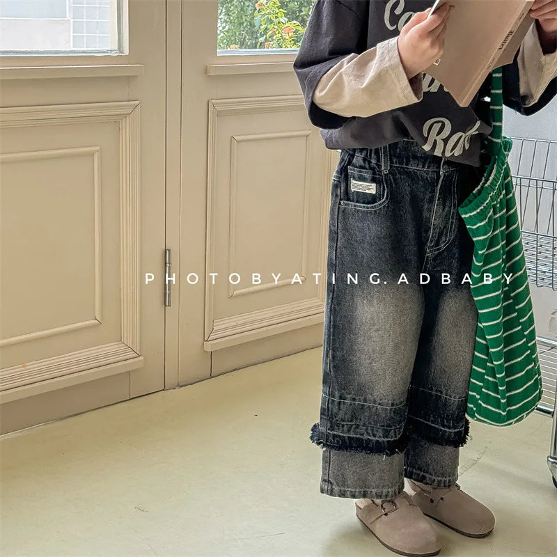 -キッズパンツ デニムパンツ 裾パッチワーク ロングルーズ デザインパンツ ジーンズ ジーパン 2カラー【mh0006578】 - mamahalo shop - デニムパンツ -  べビー服 - 子供服 - 男の子 - 女の子