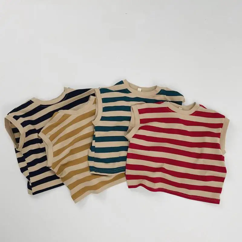 -キッズトップス ノースリーブTシャツ ベスト レトロボーダー 4カラー - mamahalo shop - タンクトップ・キャミソール・ノースリーブトップス -  べビー服 - 子供服 - 男の子 - 女の子