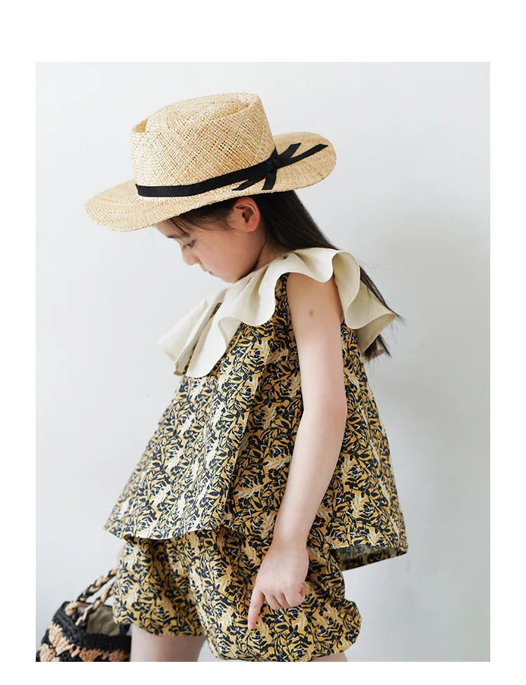 -キッズ ストライプ セットアップ フリルカラー 半袖 ブラウス バルーン ショートパンツ - mamahalo shop - ノースリーブセットアップ -  べビー服 - 子供服 - 男の子 - 女の子