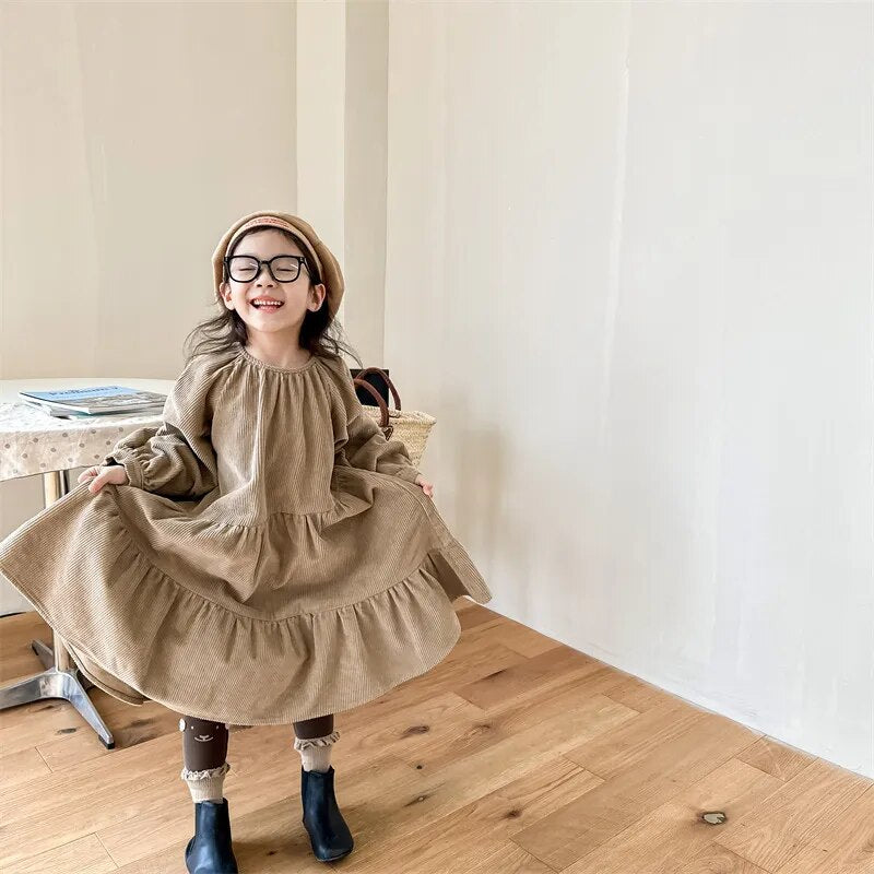 -キッズ 長袖ワンピース コーデュロイ ドレスワンピース カーキ ネイビーブルー 2カラー ガールズ 女の子 子供服 - mamahalo shop - 長袖ワンピース -  べビー服 - 子供服 - 男の子 - 女の子