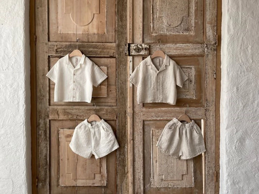 -☺︎ ベビーセットアップ 2点セット 半袖サファリシャツ+ショートパンツ シンプルベーシック 2カラー - mamahalo shop - 半袖セットアップ -  べビー服 - 子供服 - 男の子 - 女の子