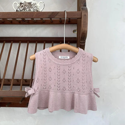 -ベビーキッズベスト レースニット ペプラム リボン ノースリーブトップス アプリコット/ピンク/2カラー【mh0004272】 - mamahalo shop - ベスト -  べビー服 - 子供服 - 男の子 - 女の子