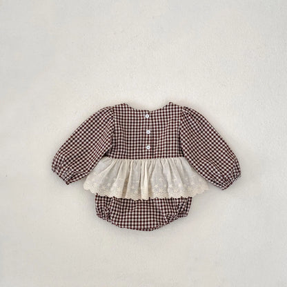 -ベビーロンパース レースエプロンドッキングチェック長袖ボディスーツ - mamahalo shop - 長袖ロンパース -  べビー服 - 子供服 - 男の子 - 女の子