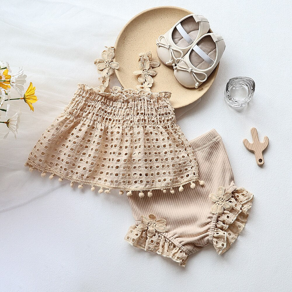 -ベビー セットアップ レース フラワー キャミソール チュニック ブラウス フリル ブルマパンツ ショートパンツ ガールズ【mh0002162】 - mamahalo shop - ノースリーブセットアップ -  べビー服 - 子供服 - 男の子 - 女の子