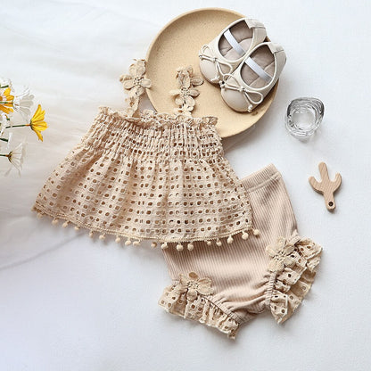 -ベビー セットアップ レース フラワー キャミソール チュニック ブラウス フリル ブルマパンツ ショートパンツ ガールズ【mh0002162】 - mamahalo shop - ノースリーブセットアップ -  べビー服 - 子供服 - 男の子 - 女の子