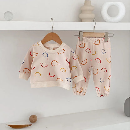-ベビーキッズセットアップ 2点セット スウェットシャツ パンツ カラフルスマイルプリント - mamahalo shop - 長袖セットアップ -  べビー服 - 子供服 - 男の子 - 女の子
