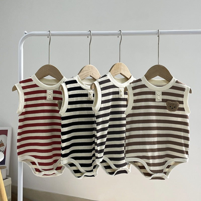 -ベビー ワッフル ボーダー くま ベア ワッペン ノースリーブ ロンパース 4カラー ユニセックス【mh0002070】 - mamahalo shop - ノースリーブロンパース -  べビー服 - 子供服 - 男の子 - 女の子