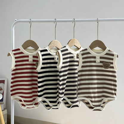 -ベビー ワッフル ボーダー くま ベア ワッペン ノースリーブ ロンパース 4カラー ユニセックス【mh0002070】 - mamahalo shop - ノースリーブロンパース -  べビー服 - 子供服 - 男の子 - 女の子