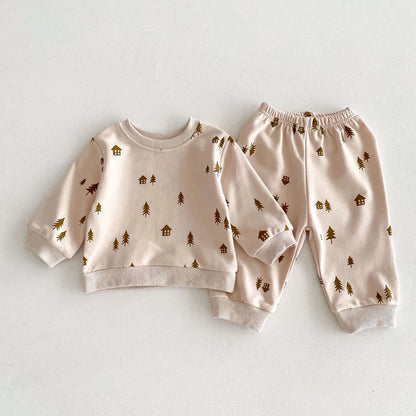 -ベビーセットアップ 2点セット ツリー ハウス リーフ 木 家 葉 プリント柄 スウェットシャツ スウェットパンツ ベージュ ブラウン 2カラー - mamahalo shop - 長袖セットアップ -  べビー服 - 子供服 - 男の子 - 女の子