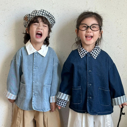 キッズアウター デニムノーカラージャケット - mamahalo shop - ショートコート・ジャケット・ジャンパー -  べビー服 - 子供服 - 男の子 - 女の子