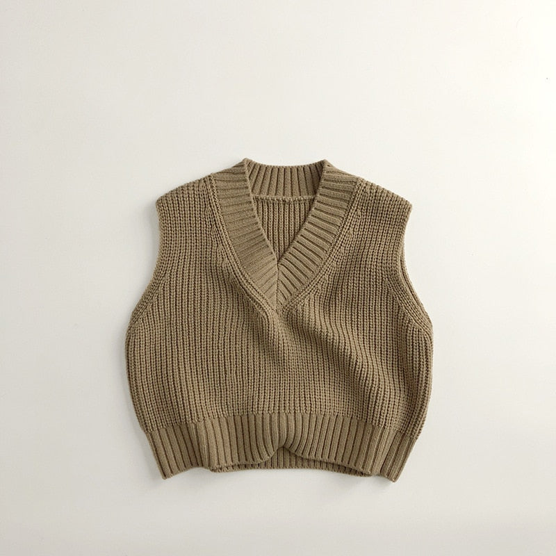 -キッズ服 ニット ベスト Vネック ざっくり ルーズ シンプル ベーシック カーキ 黒 2色 男の子 - mamahalo shop - ベスト -  べビー服 - 子供服 - 男の子 - 女の子