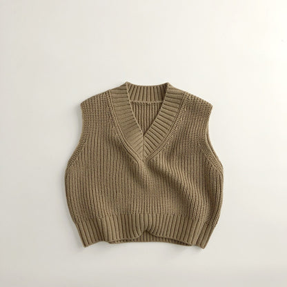 -キッズ服 ニット ベスト Vネック ざっくり ルーズ シンプル ベーシック カーキ 黒 2色 男の子 - mamahalo shop - ベスト -  べビー服 - 子供服 - 男の子 - 女の子