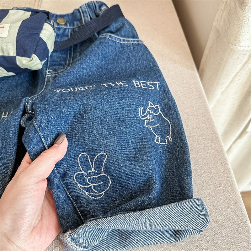 -キッズ デニム レターロゴ 象 刺繍 ルーズ パンツ ジーンズ ジーパン ボーイズ - mamahalo shop - デニムパンツ -  べビー服 - 子供服 - 男の子 - 女の子
