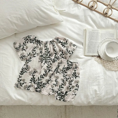 -キッズセットアップ 2点セット ダブルガーゼ 半袖スモックブラウス+バルーンショートパンツ ボタニカルプリント ルームウェア 4カラー【mh0004895】 - mamahalo shop - 半袖セットアップ -  べビー服 - 子供服 - 男の子 - 女の子