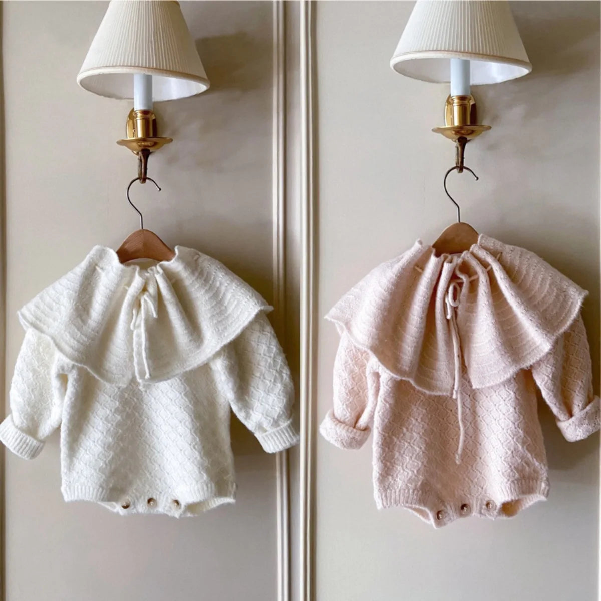 -ベビーロンパースセット 長袖ニットボディスーツ+フリルショールケープ 2カラー - mamahalo shop - 長袖ロンパース -  べビー服 - 子供服 - 男の子 - 女の子