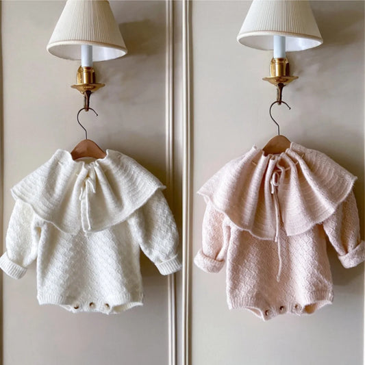 -ベビーロンパースセット 長袖ニットボディスーツ+フリルショールケープ 2カラー - mamahalo shop - 長袖ロンパース -  べビー服 - 子供服 - 男の子 - 女の子