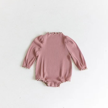 -ベビー 長袖ロンパース リブ フリル スタンドカラー シンプル ベーシック ピンク ベージュ 2カラー ガールズ 女の子 子供服 7819 - mamahalo shop - 長袖ロンパース -  べビー服 - 子供服 - 男の子 - 女の子