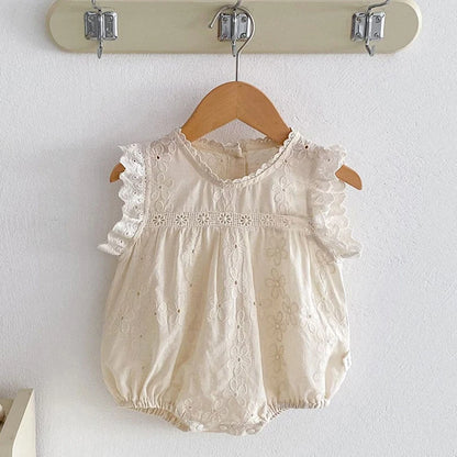 -ベビーロンパース/キッズワンピース レースフリル ノースリーブ リンクコーデ 姉妹 お揃いコーデ ベージュ【mh0006530】 - mamahalo shop - ノースリーブロンパース -  べビー服 - 子供服 - 男の子 - 女の子