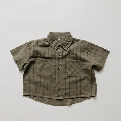 -キッズ コットンリネン ストライプ 半袖 シャツ ショートパンツ ベージュ アーミーグリーン ボーイズ【mh0002095】 - mamahalo shop - ハーフパンツ・ショートパンツ -  べビー服 - 子供服 - 男の子 - 女の子