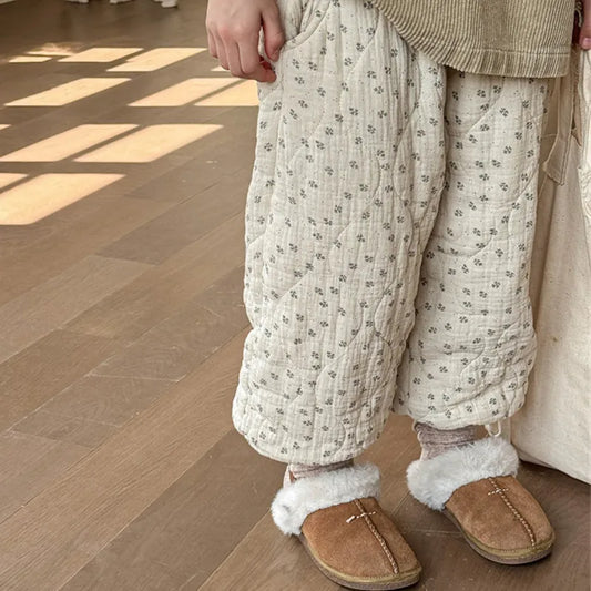 -キッズパンツ フラワープリントキルティング厚手防寒パンツ 2カラー - mamahalo shop - ロングパンツ・スウェットパンツ -  べビー服 - 子供服 - 男の子 - 女の子