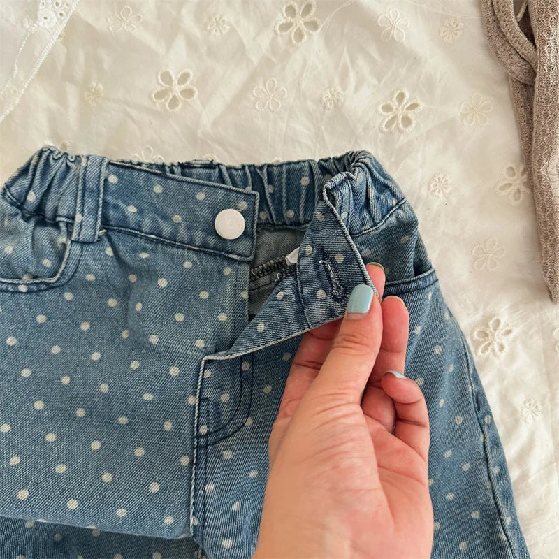 -キッズパンツ 水玉ドットワイドルーズデニムパンツ ジーンズジーパン - mamahalo shop - デニムパンツ -  べビー服 - 子供服 - 男の子 - 女の子