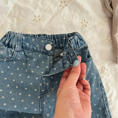 -キッズパンツ 水玉ドットワイドルーズデニムパンツ ジーンズジーパン - mamahalo shop - デニムパンツ -  べビー服 - 子供服 - 男の子 - 女の子